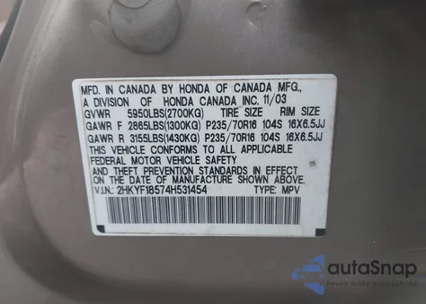 2004 Honda Pilot Ex-L из США, поврежденный, VIN 2HKYF18574H531454